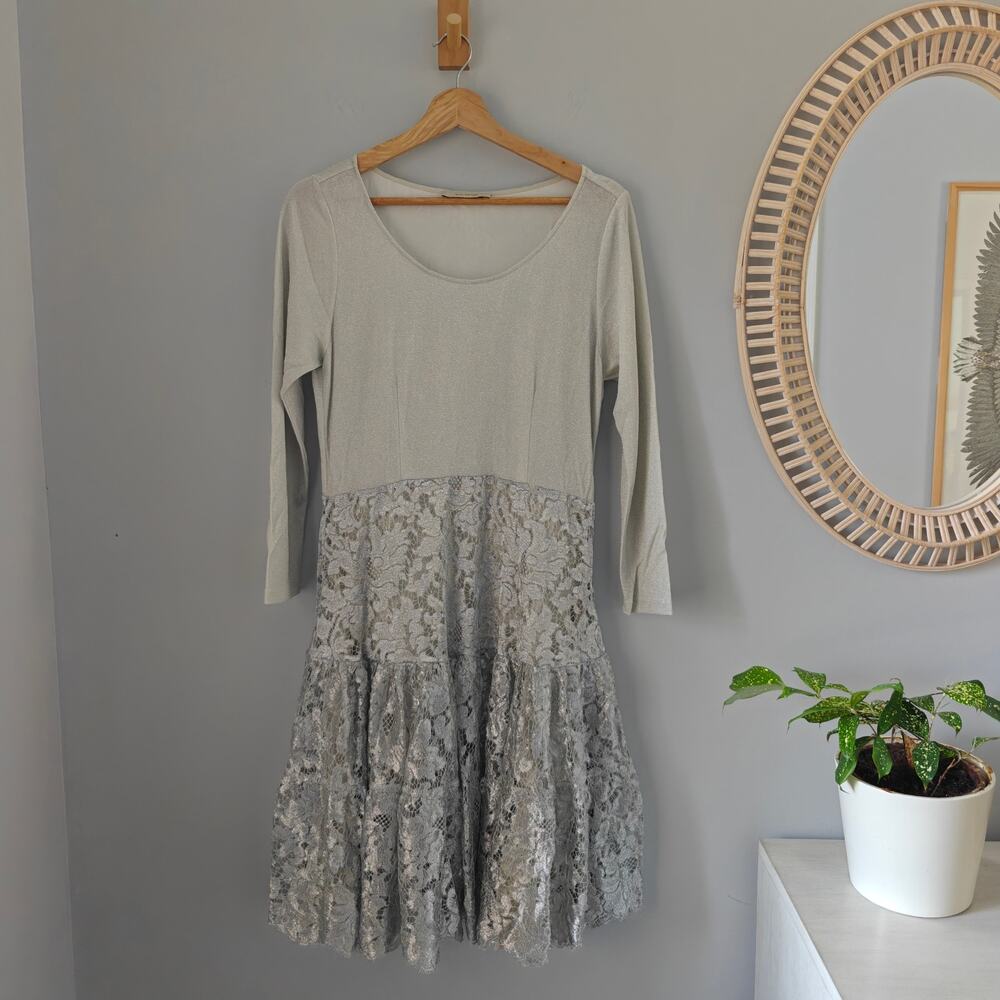 Nili Lotan Silver GreyMetallic Lace Drop Waist Long Sleeve Cocktail Dress S/M